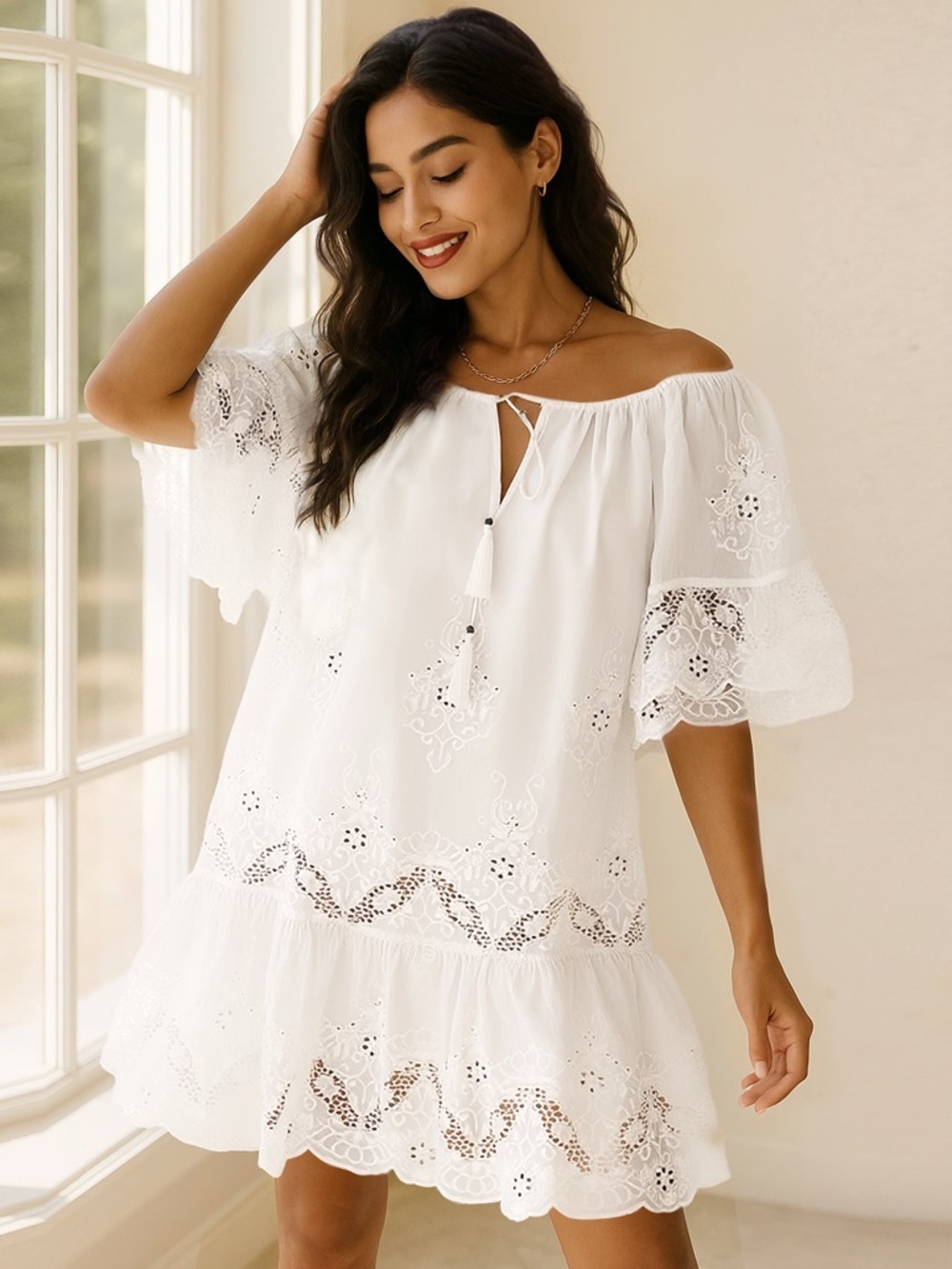 ♥️Hello Gorgeous! Eyelet Embroidered Tassel Tie Neck Dress